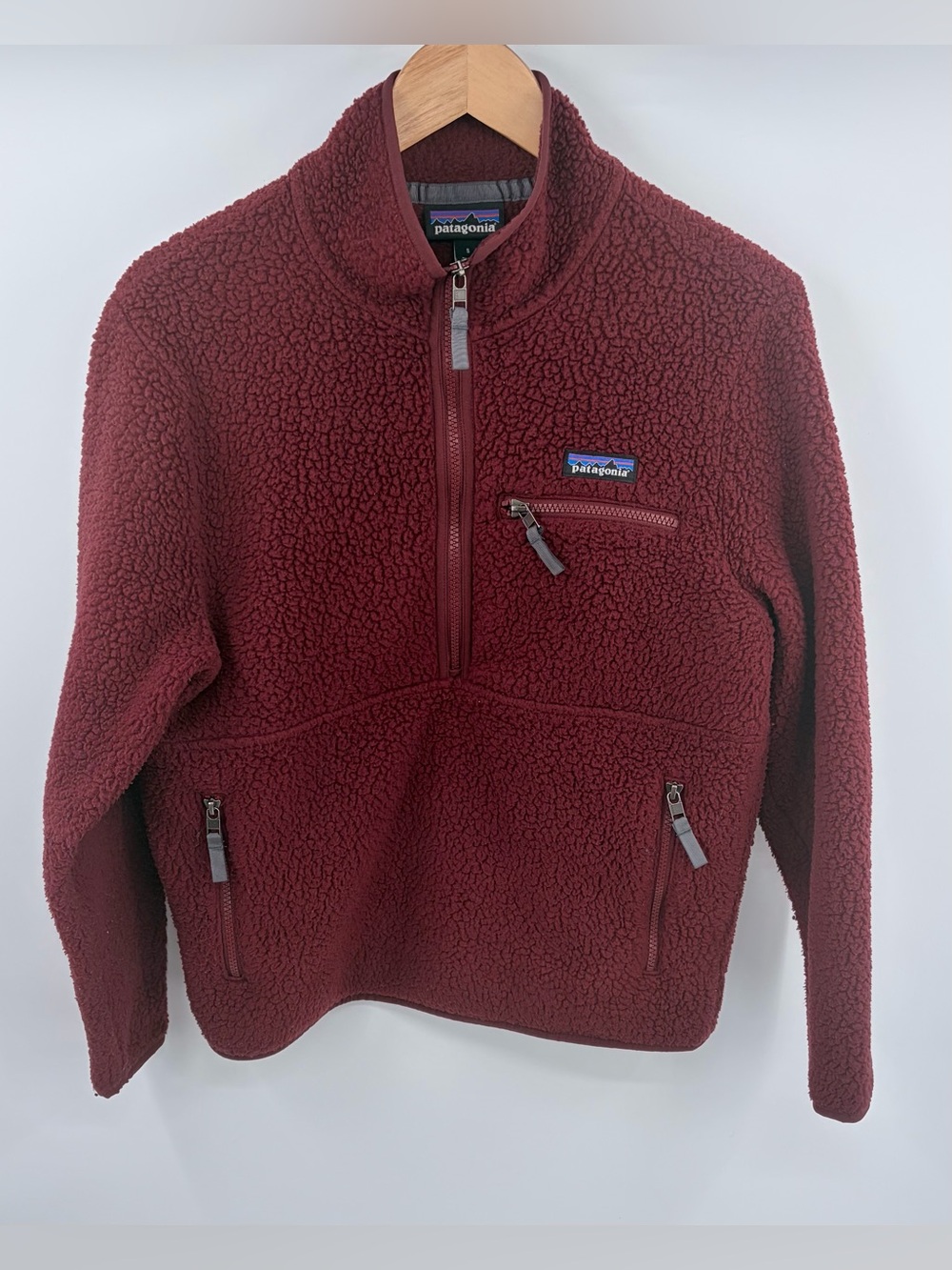 Patagonia maroon retro pile marsupial fleece half zip pullover men’s S Sherpa